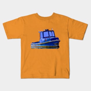 A Blue boat with shark jaws painted on its bow Kids T-Shirt